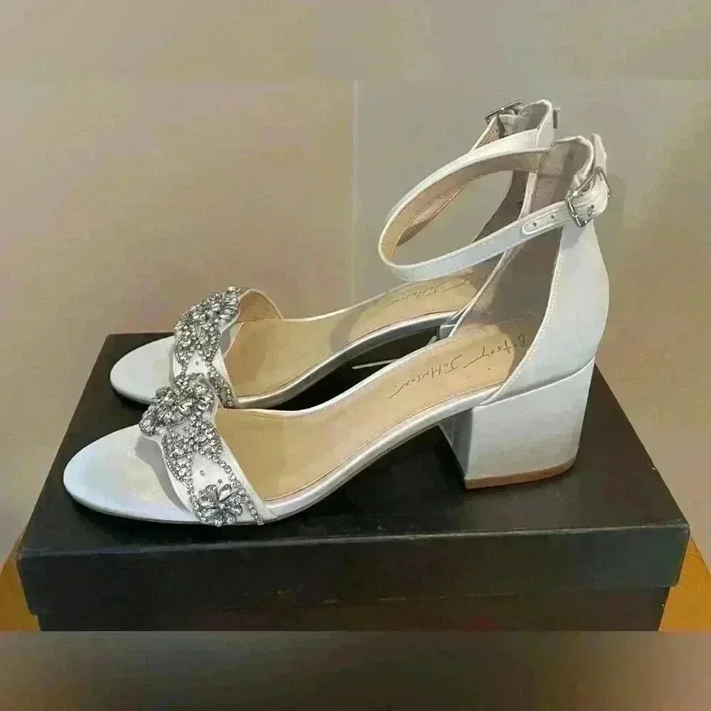 Betsey Johnson Ivory Satin Block Heel Sandals with Crystal Embellishment
